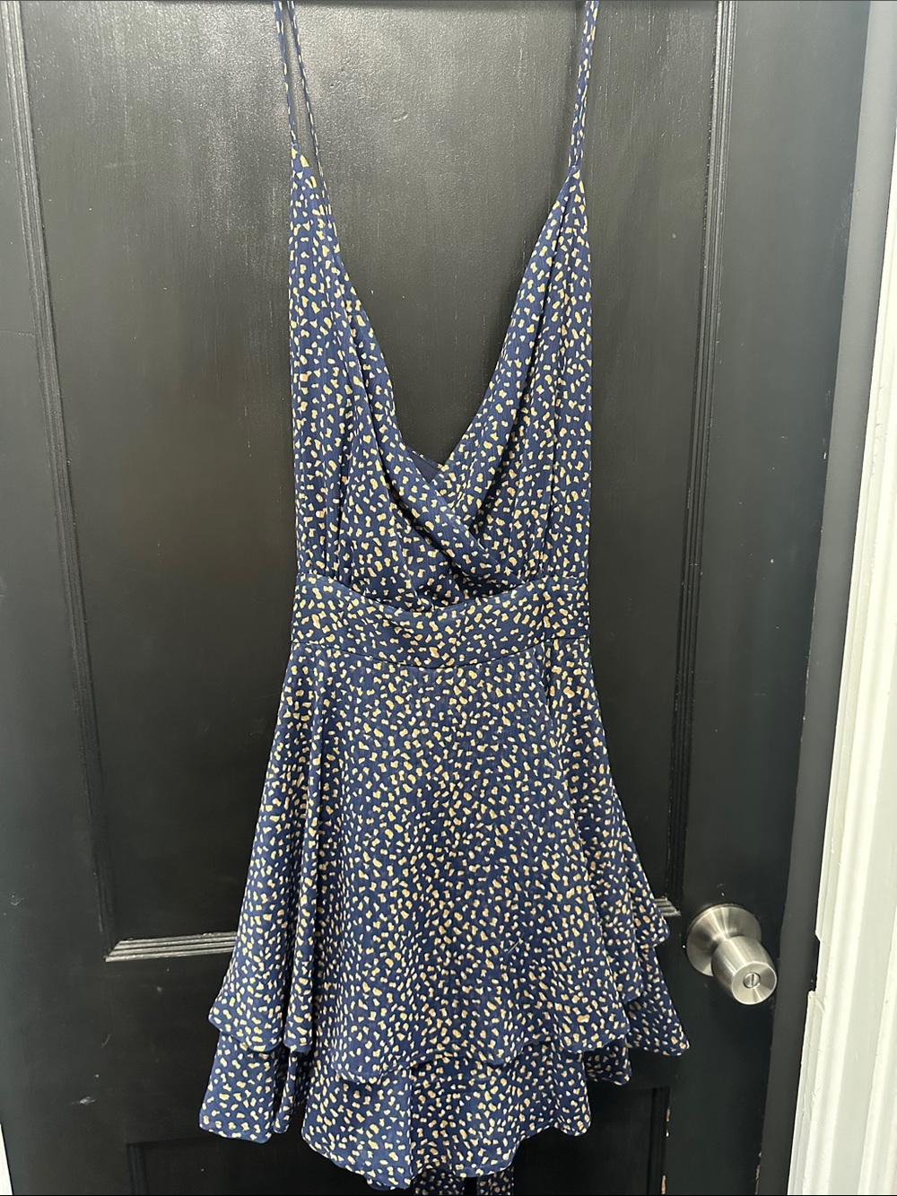 Navy Blue Printed Cowl Neck Spaghetti Strap Romper